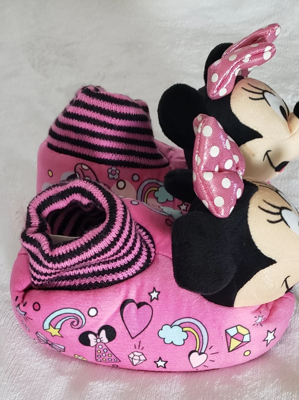 Disney Pink Minnie Mouse Plush Slip-On Slippers with Polka Dot Bows
